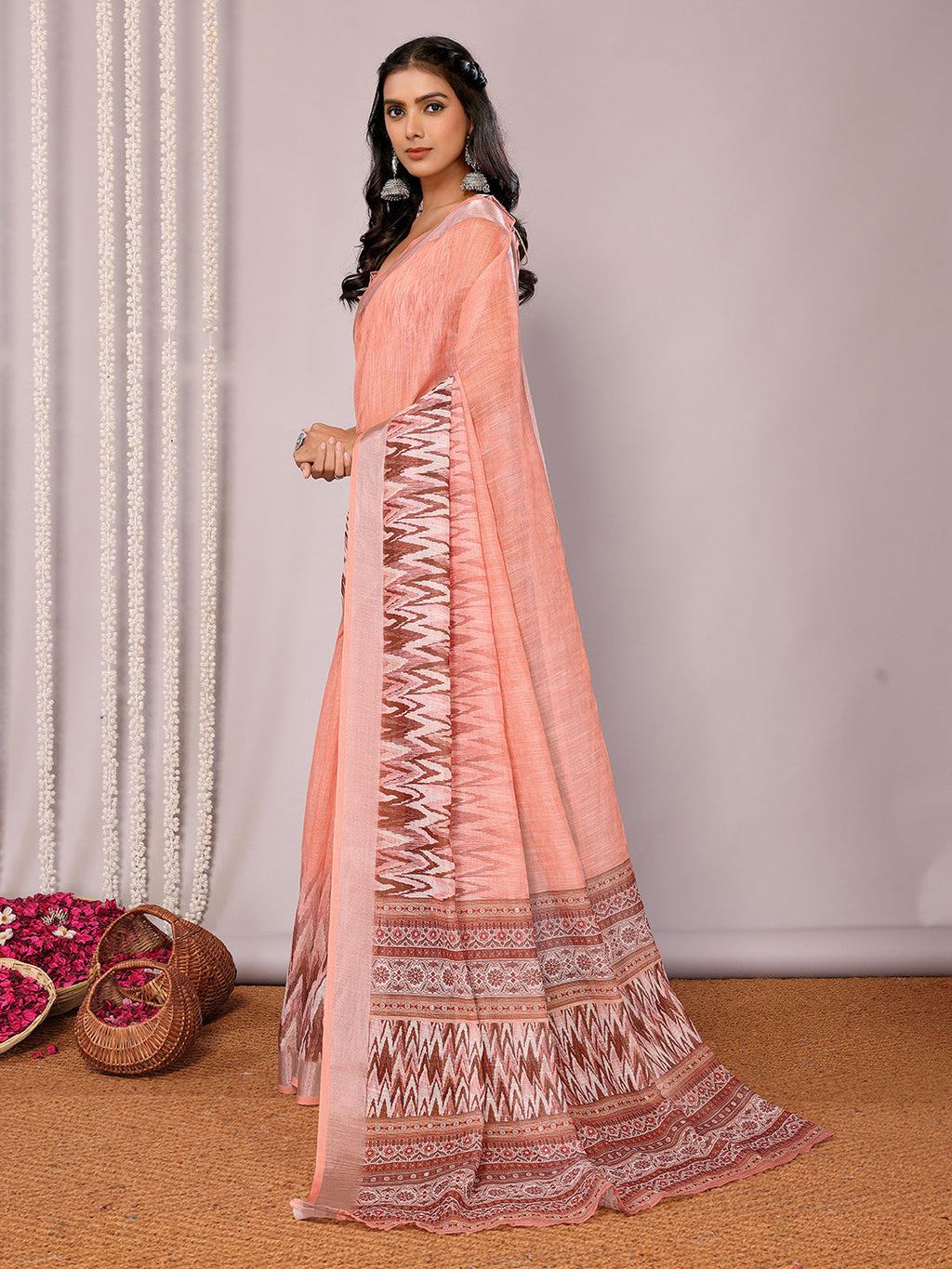 Janasya Peach Cotton Linen Ikkat Printed Saree | Grocsy