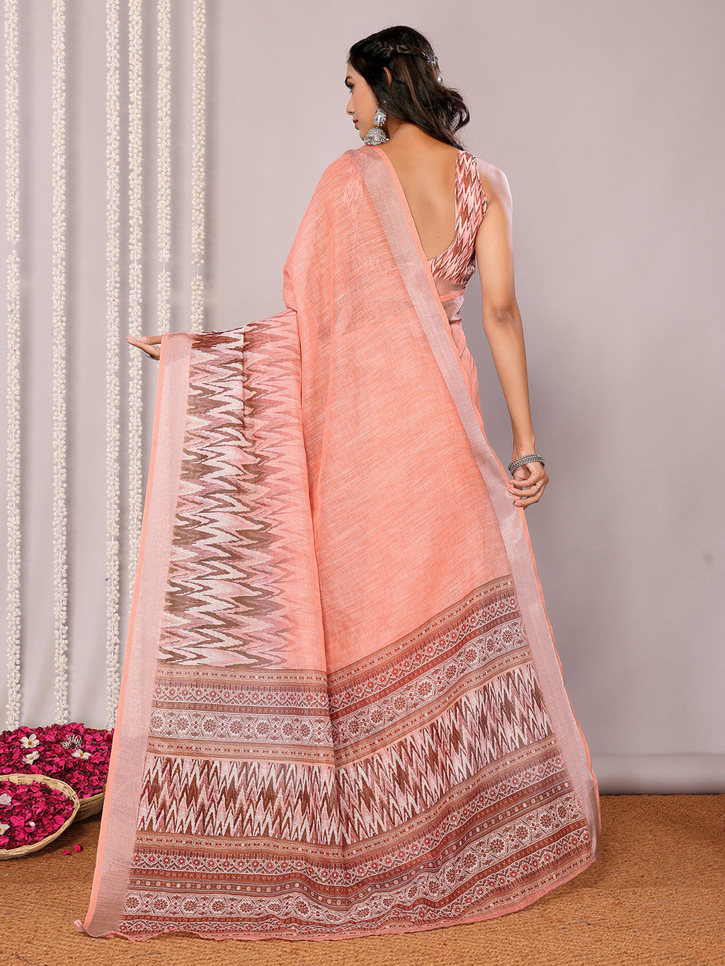 Janasya Peach Cotton Linen Ikkat Printed Saree | Grocsy