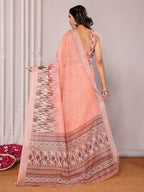 Janasya Peach Cotton Linen Ikkat Printed Saree | Grocsy