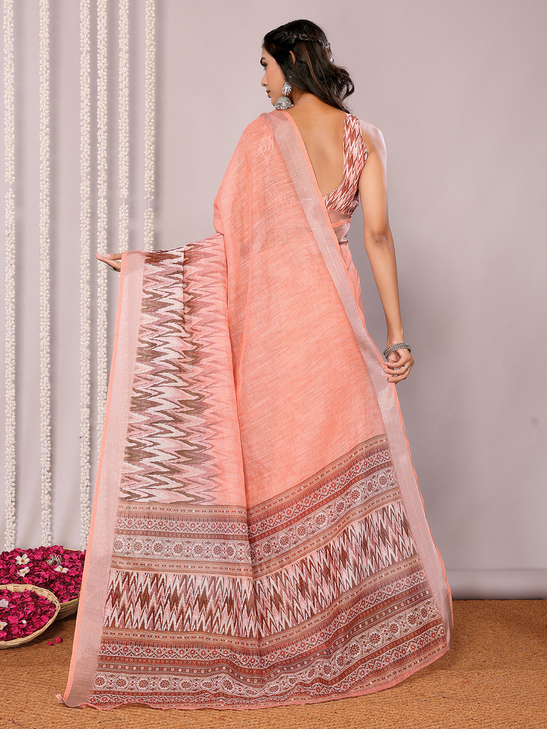Janasya Peach Cotton Linen Ikkat Printed Saree | Grocsy