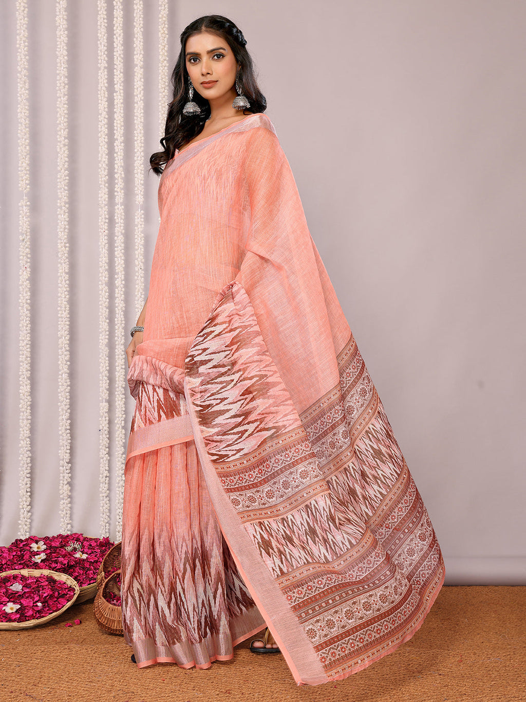Janasya Peach Cotton Linen Ikkat Printed Saree | Grocsy