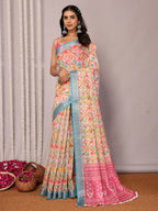 Janasya Multicolor Cotton Linen Floral Printed Saree | Grocsy