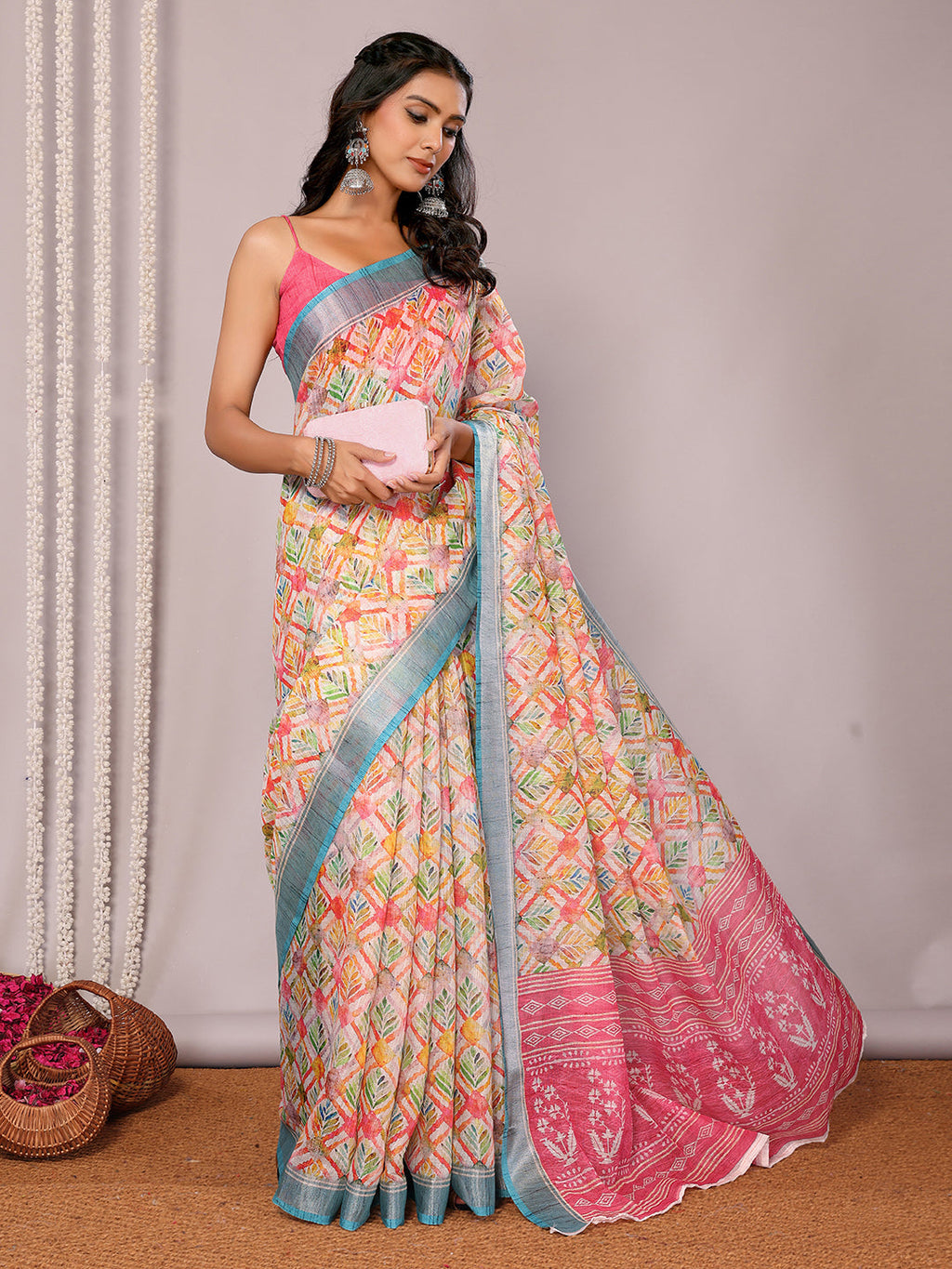 Janasya Multicolor Cotton Linen Floral Printed Saree | Grocsy