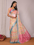 Janasya Multicolor Cotton Linen Floral Printed Saree | Grocsy