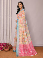 Janasya Multicolor Cotton Linen Floral Printed Saree | Grocsy