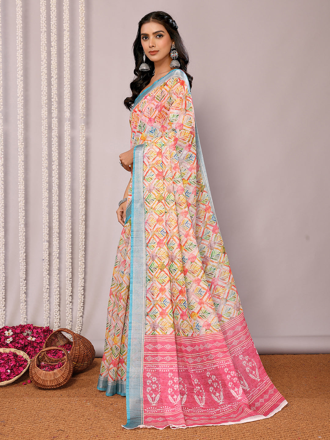 Janasya Multicolor Cotton Linen Floral Printed Saree | Grocsy
