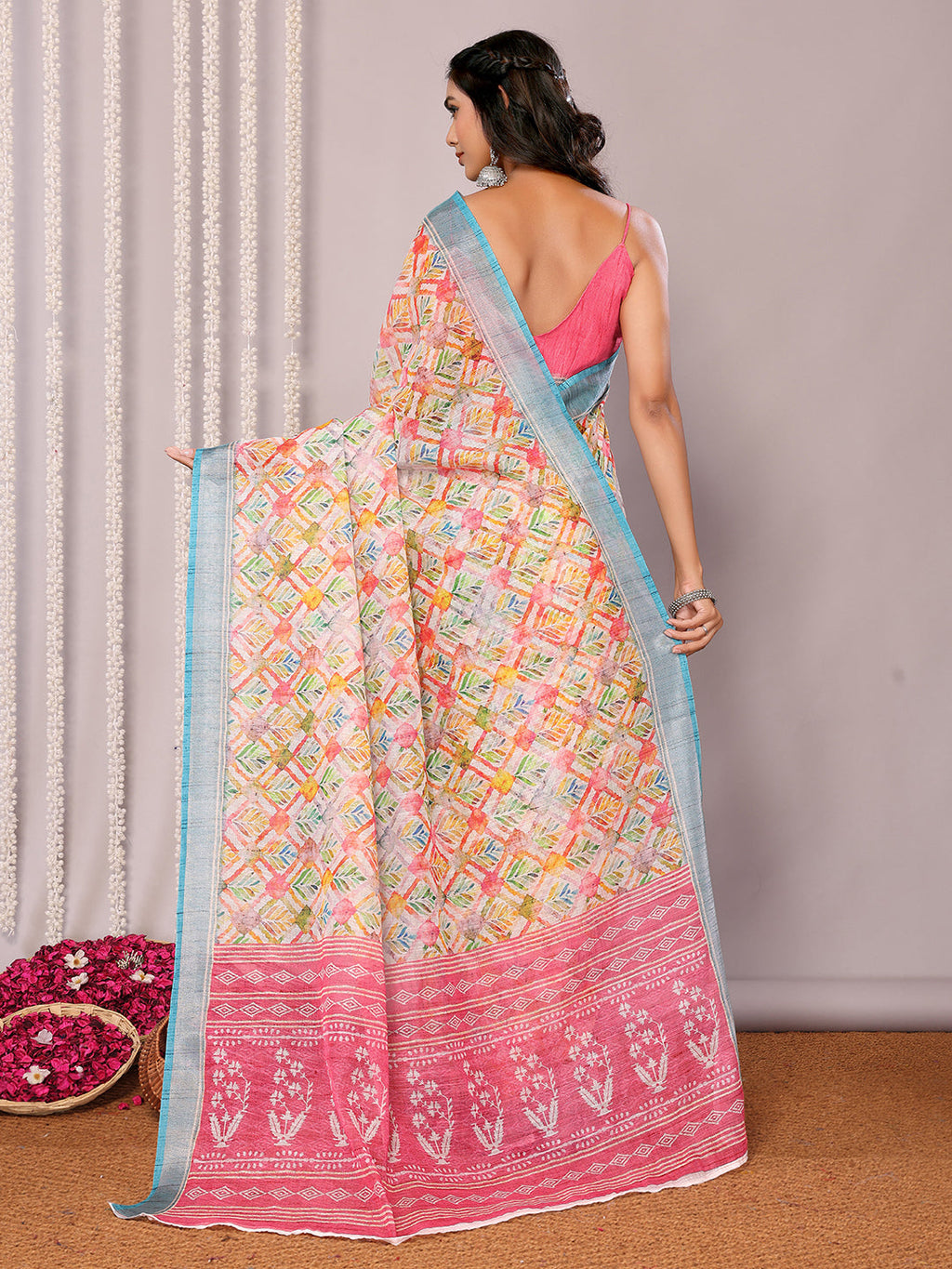Janasya Multicolor Cotton Linen Floral Printed Saree | Grocsy