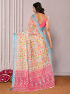 Janasya Multicolor Cotton Linen Floral Printed Saree | Grocsy