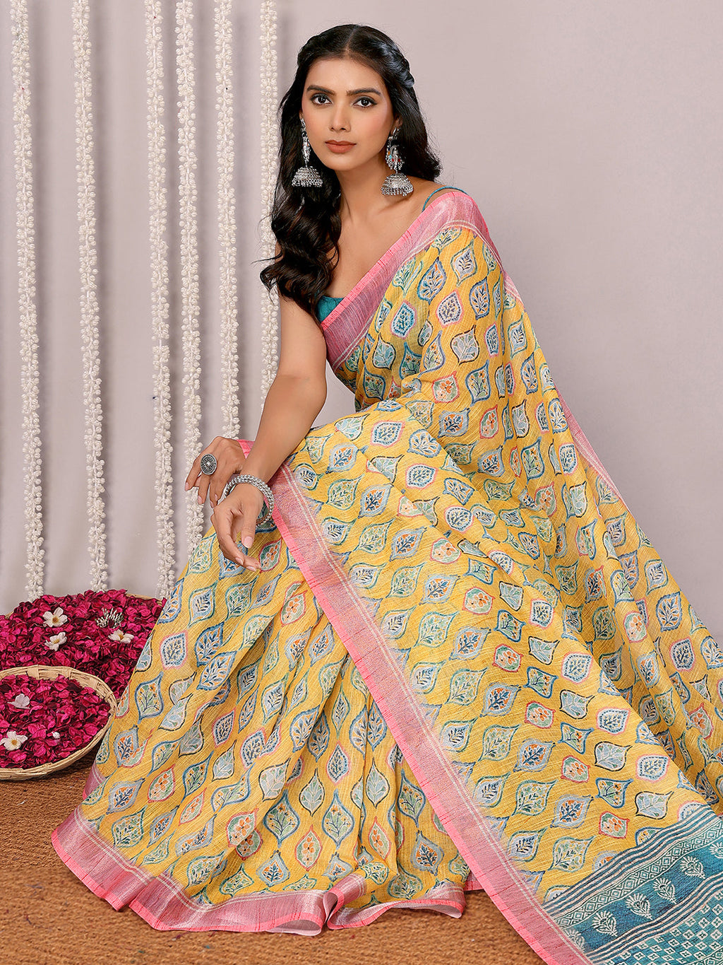 Janasya Yellow Cotton Linen Ethnic Motifs Printed Saree | Grocsy