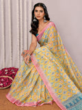 Janasya Yellow Cotton Linen Ethnic Motifs Printed Saree | Grocsy