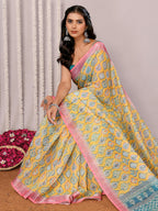 Janasya Yellow Cotton Linen Ethnic Motifs Printed Saree | Grocsy