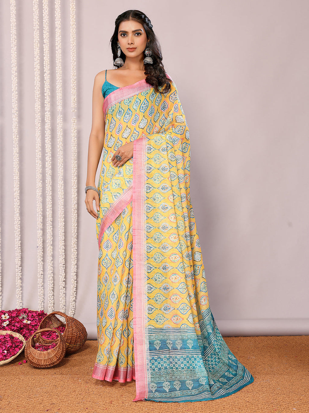 Janasya Yellow Cotton Linen Ethnic Motifs Printed Saree | Grocsy