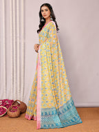 Janasya Yellow Cotton Linen Ethnic Motifs Printed Saree | Grocsy