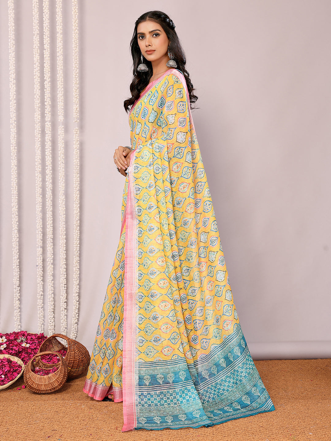 Janasya Yellow Cotton Linen Ethnic Motifs Printed Saree | Grocsy