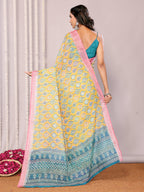 Janasya Yellow Cotton Linen Ethnic Motifs Printed Saree | Grocsy
