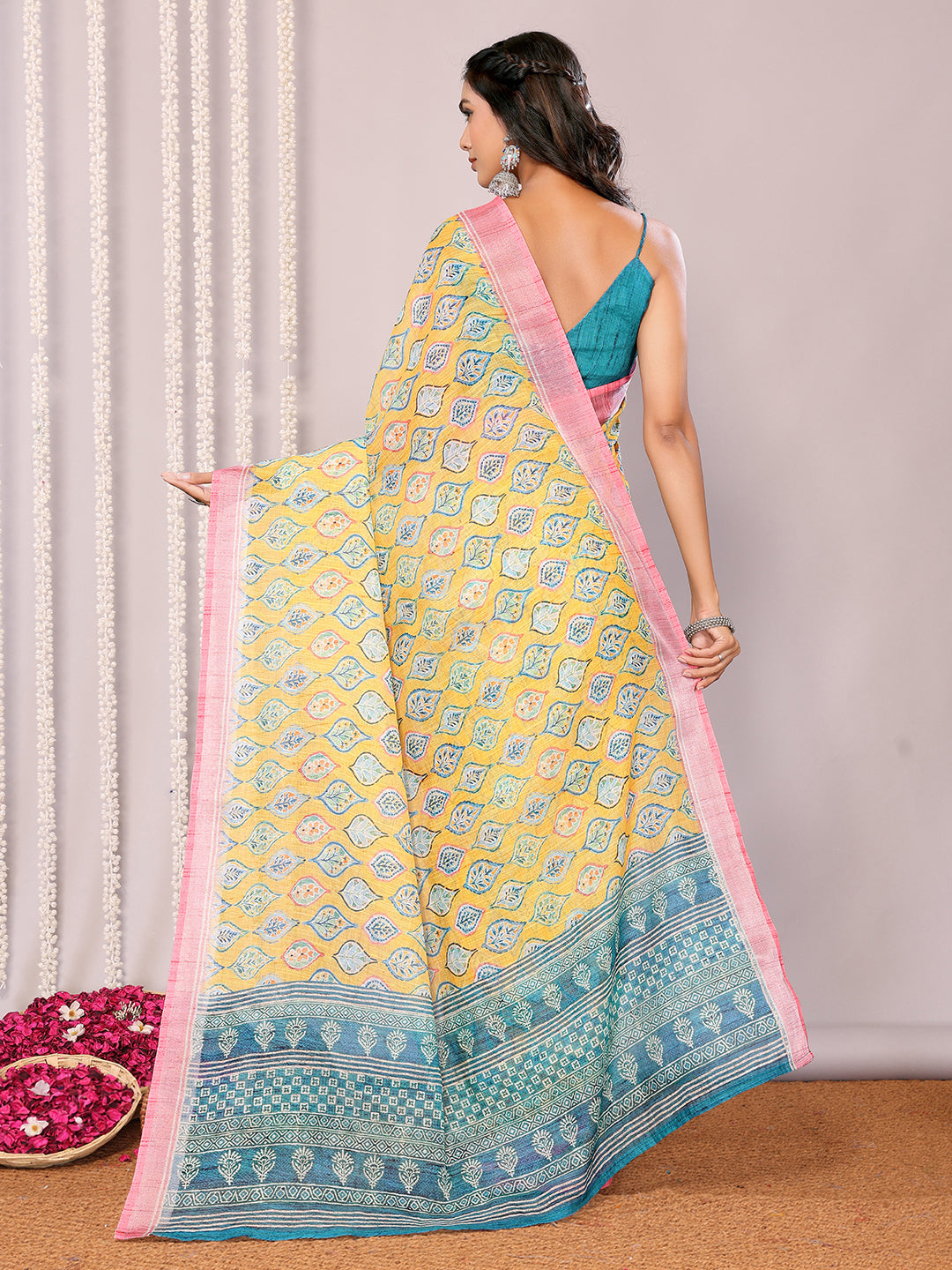 Janasya Yellow Cotton Linen Ethnic Motifs Printed Saree | Grocsy