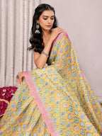 Janasya Yellow Cotton Linen Ethnic Motifs Printed Saree | Grocsy