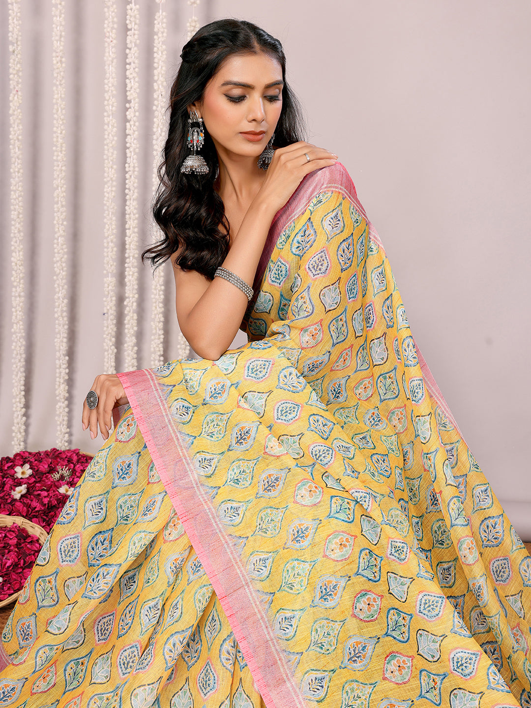 Janasya Yellow Cotton Linen Ethnic Motifs Printed Saree | Grocsy
