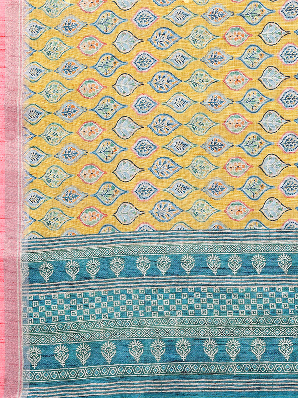 Janasya Yellow Cotton Linen Ethnic Motifs Printed Saree | Grocsy