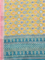 Janasya Yellow Cotton Linen Ethnic Motifs Printed Saree | Grocsy
