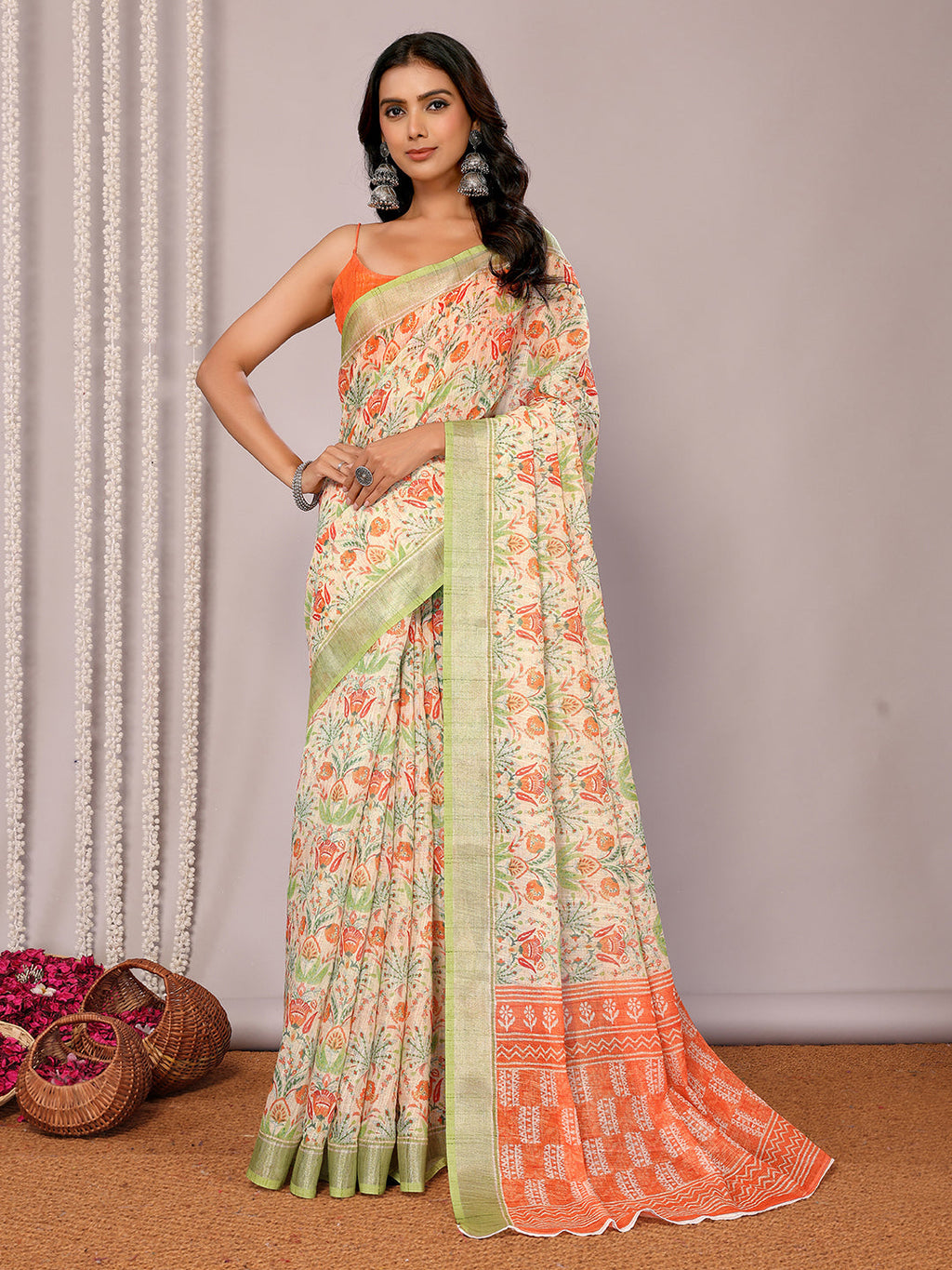Janasya Light Green Cotton Linen Floral Printed Saree | Grocsy