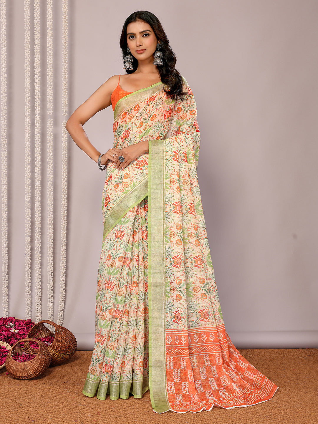 Janasya Light Green Cotton Linen Floral Printed Saree | Grocsy