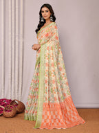 Janasya Light Green Cotton Linen Floral Printed Saree | Grocsy