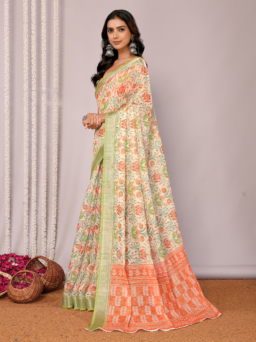 Janasya Light Green Cotton Linen Floral Printed Saree | Grocsy