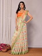 Janasya Light Green Cotton Linen Floral Printed Saree | Grocsy