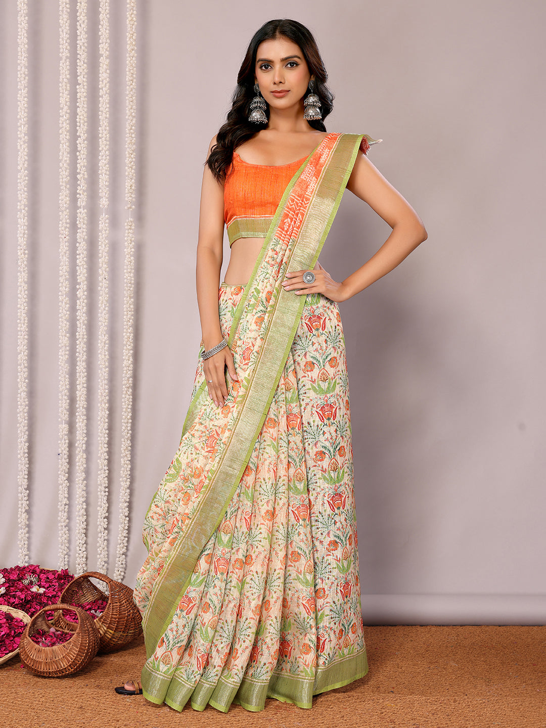 Janasya Light Green Cotton Linen Floral Printed Saree | Grocsy