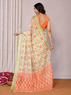 Janasya Light Green Cotton Linen Floral Printed Saree | Grocsy