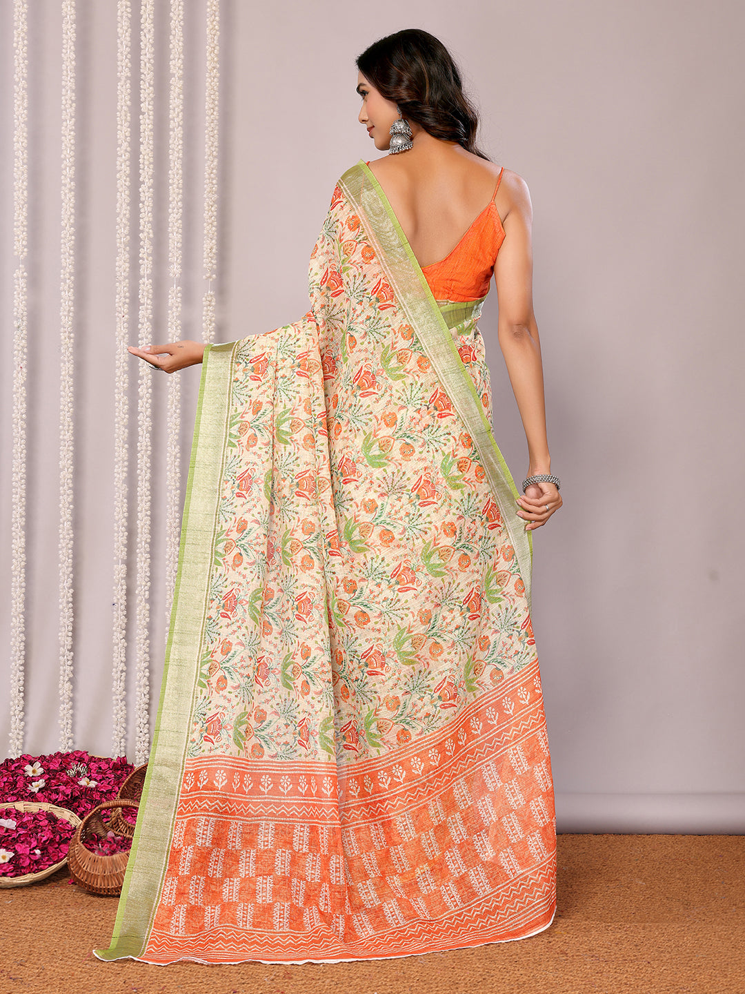 Janasya Light Green Cotton Linen Floral Printed Saree | Grocsy