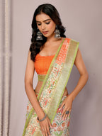 Janasya Light Green Cotton Linen Floral Printed Saree | Grocsy