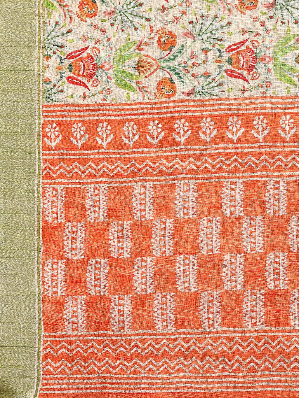 Janasya Light Green Cotton Linen Floral Printed Saree | Grocsy