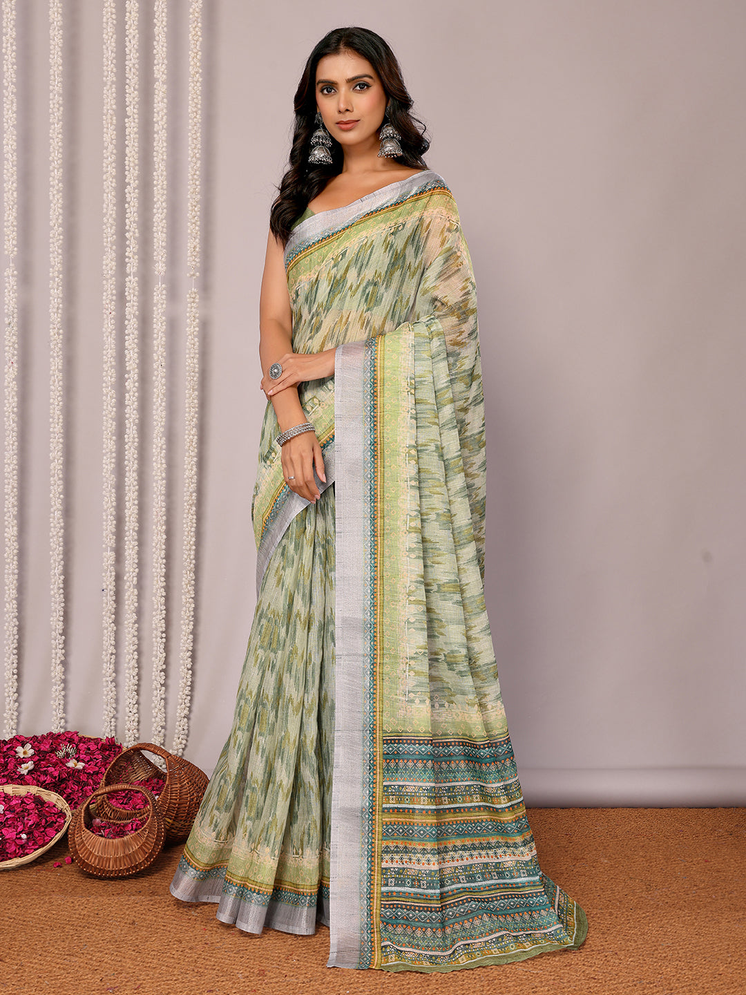 Janasya Sage Green Cotton Linen Abstract Printed Saree | Grocsy