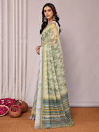 Janasya Sage Green Cotton Linen Abstract Printed Saree | Grocsy