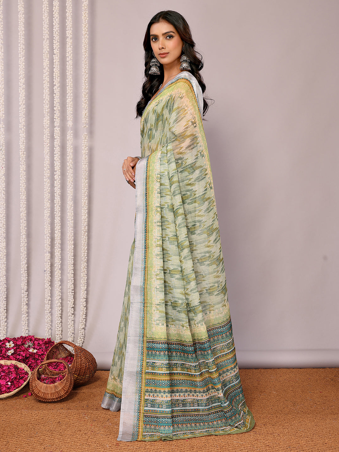 Janasya Sage Green Cotton Linen Abstract Printed Saree | Grocsy