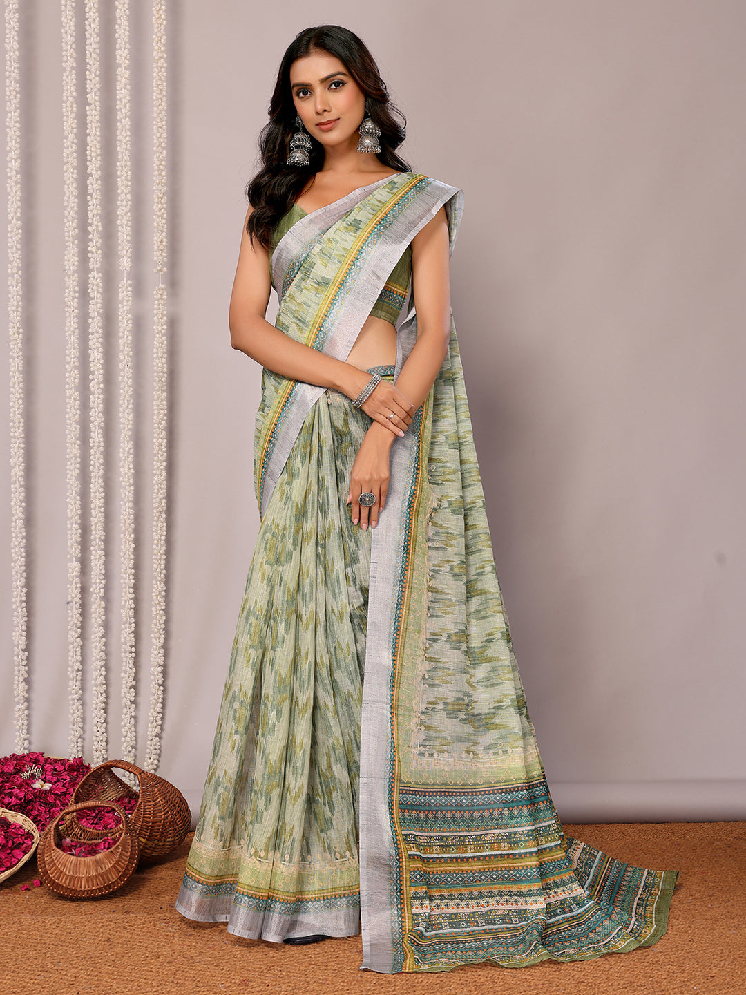 Janasya Sage Green Cotton Linen Abstract Printed Saree | Grocsy