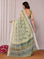 Janasya Sage Green Cotton Linen Abstract Printed Saree | Grocsy