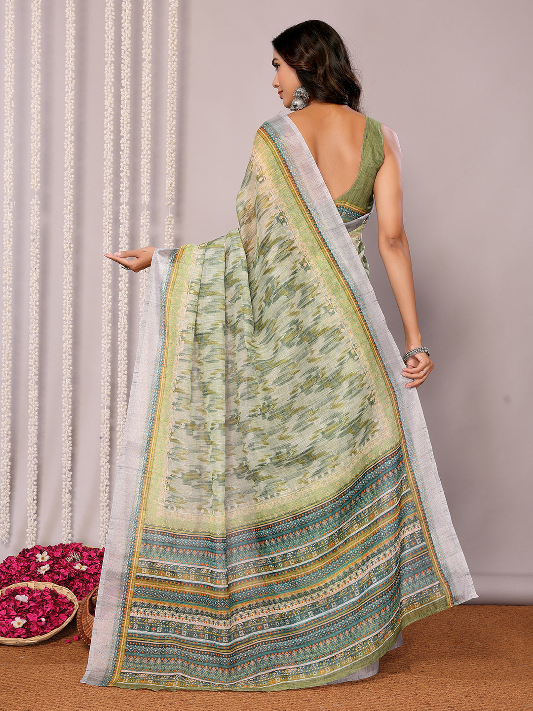 Janasya Sage Green Cotton Linen Abstract Printed Saree | Grocsy