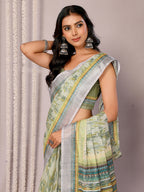 Janasya Sage Green Cotton Linen Abstract Printed Saree | Grocsy