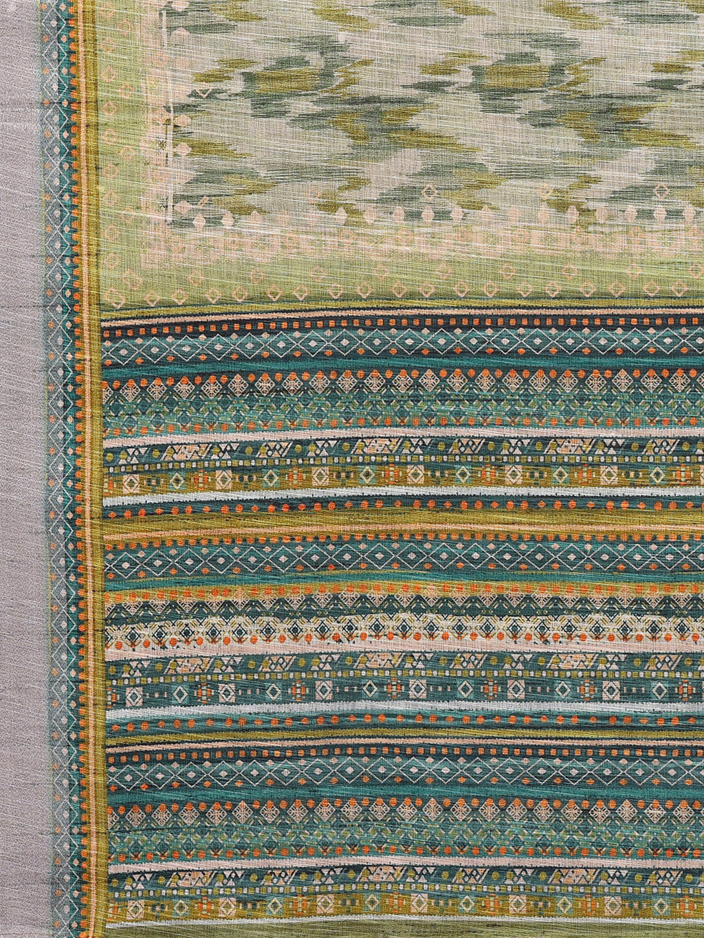 Janasya Sage Green Cotton Linen Abstract Printed Saree | Grocsy