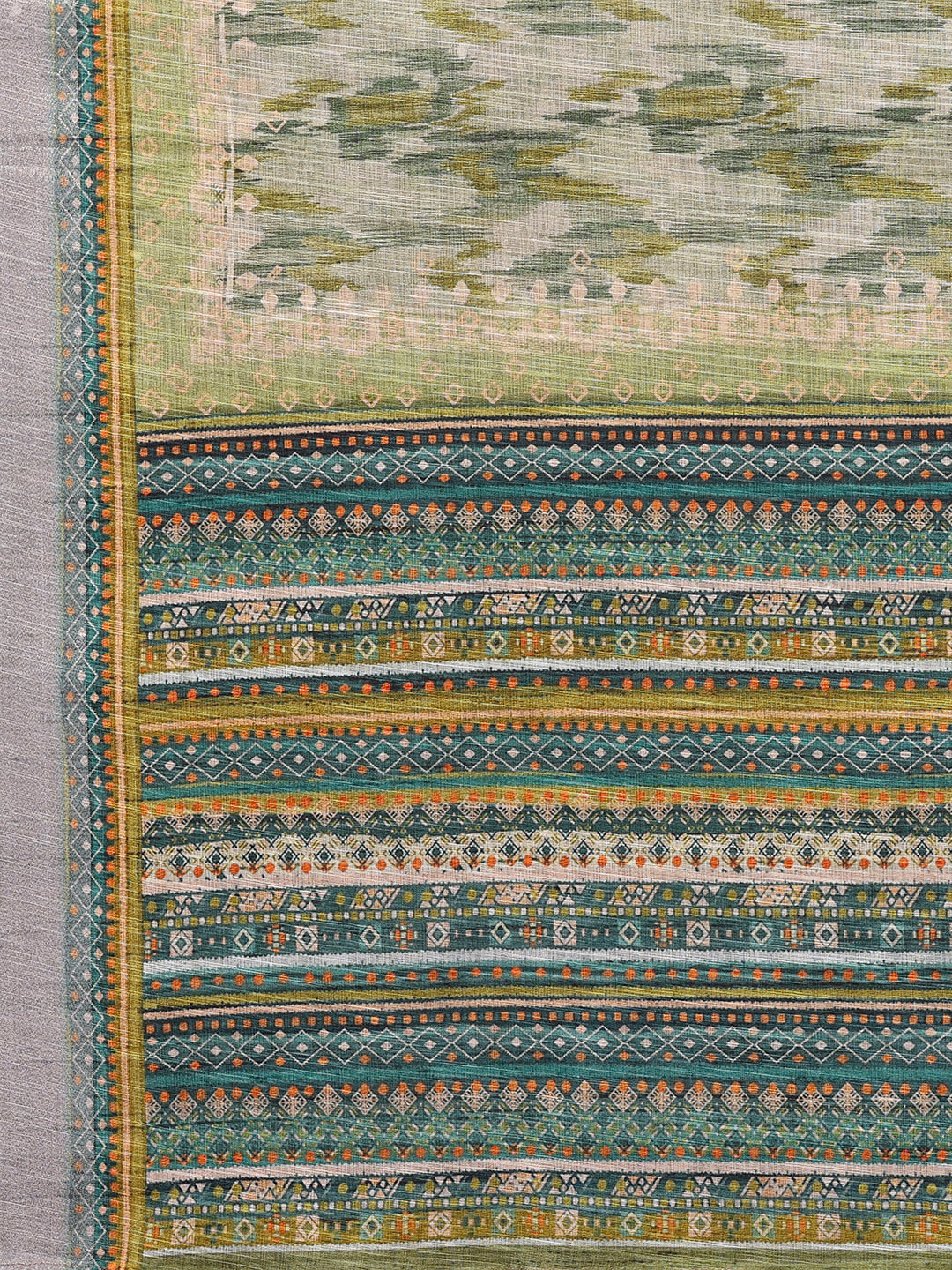 Janasya Sage Green Cotton Linen Abstract Printed Saree | Grocsy