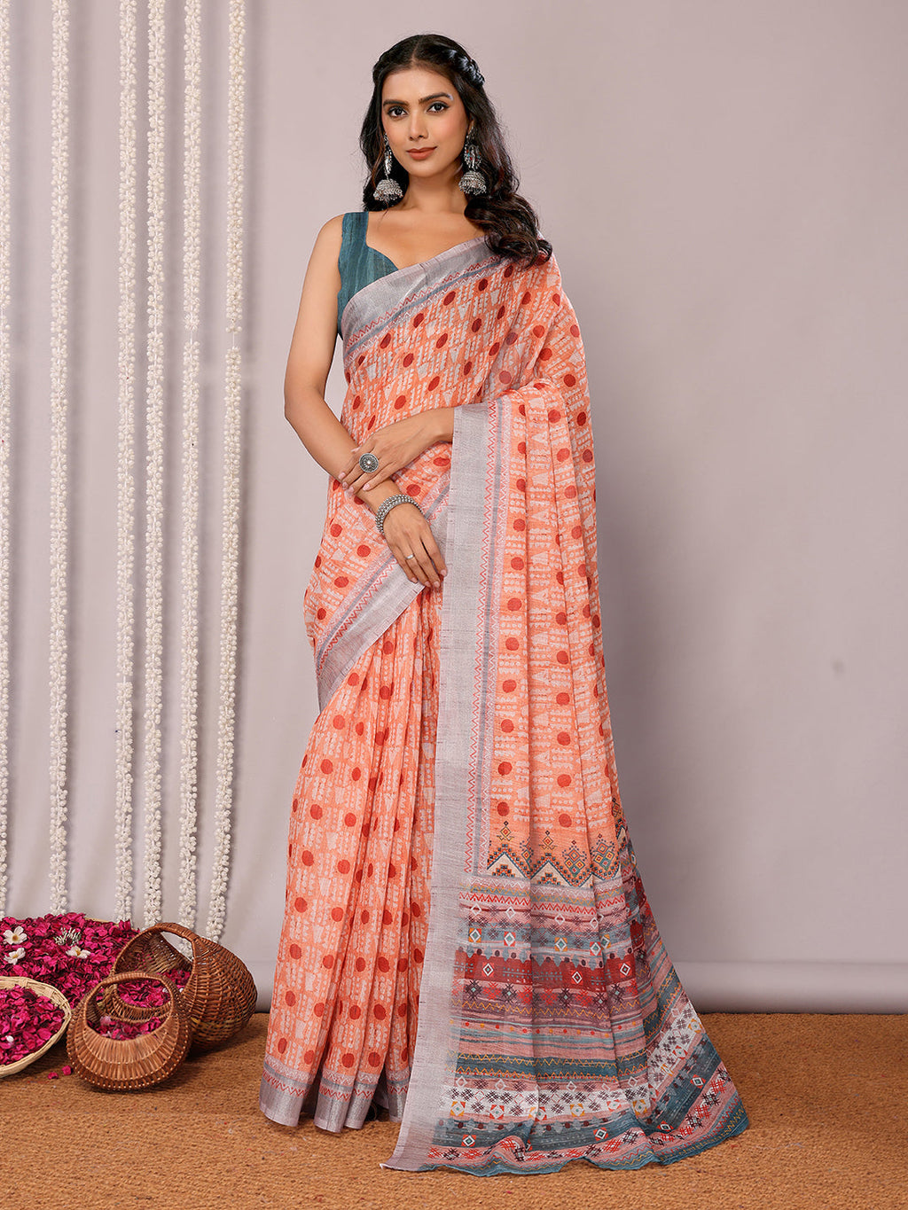 Janasya Orange Cotton Linen Block Print Printed Saree | Grocsy