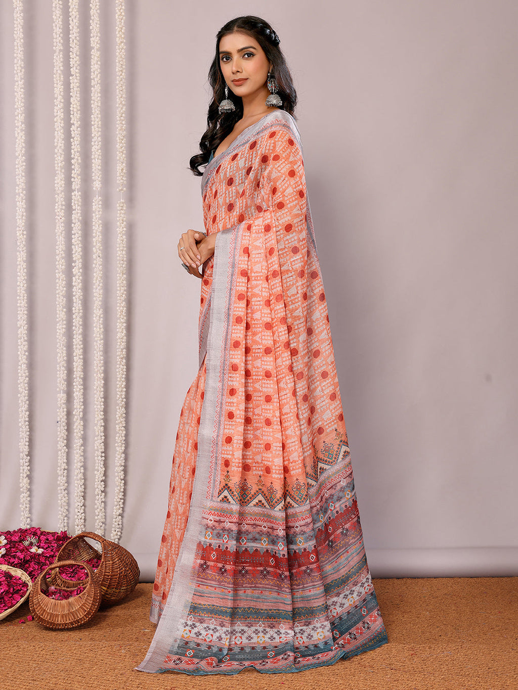 Janasya Orange Cotton Linen Block Print Printed Saree | Grocsy