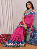 Janasya Pink & Blue Chanderi Silk Geometric Printed Saree | Grocsy