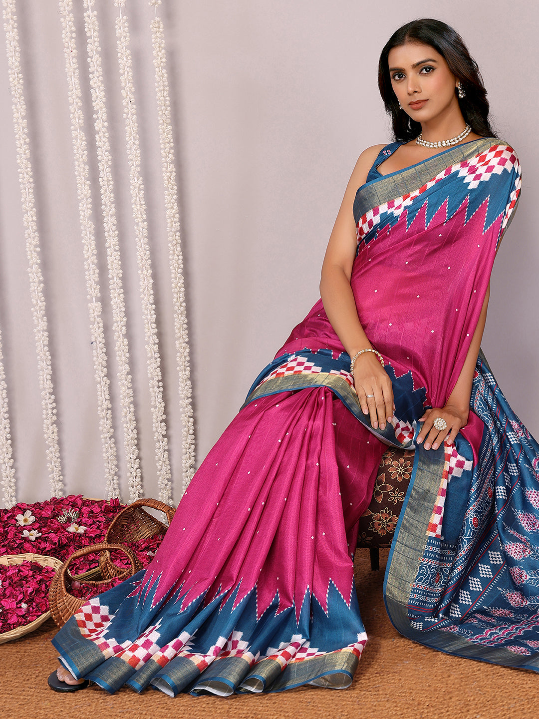 Janasya Pink & Blue Chanderi Silk Geometric Printed Saree | Grocsy