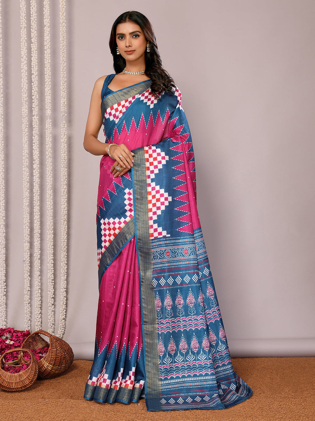 Janasya Pink & Blue Chanderi Silk Geometric Printed Saree | Grocsy