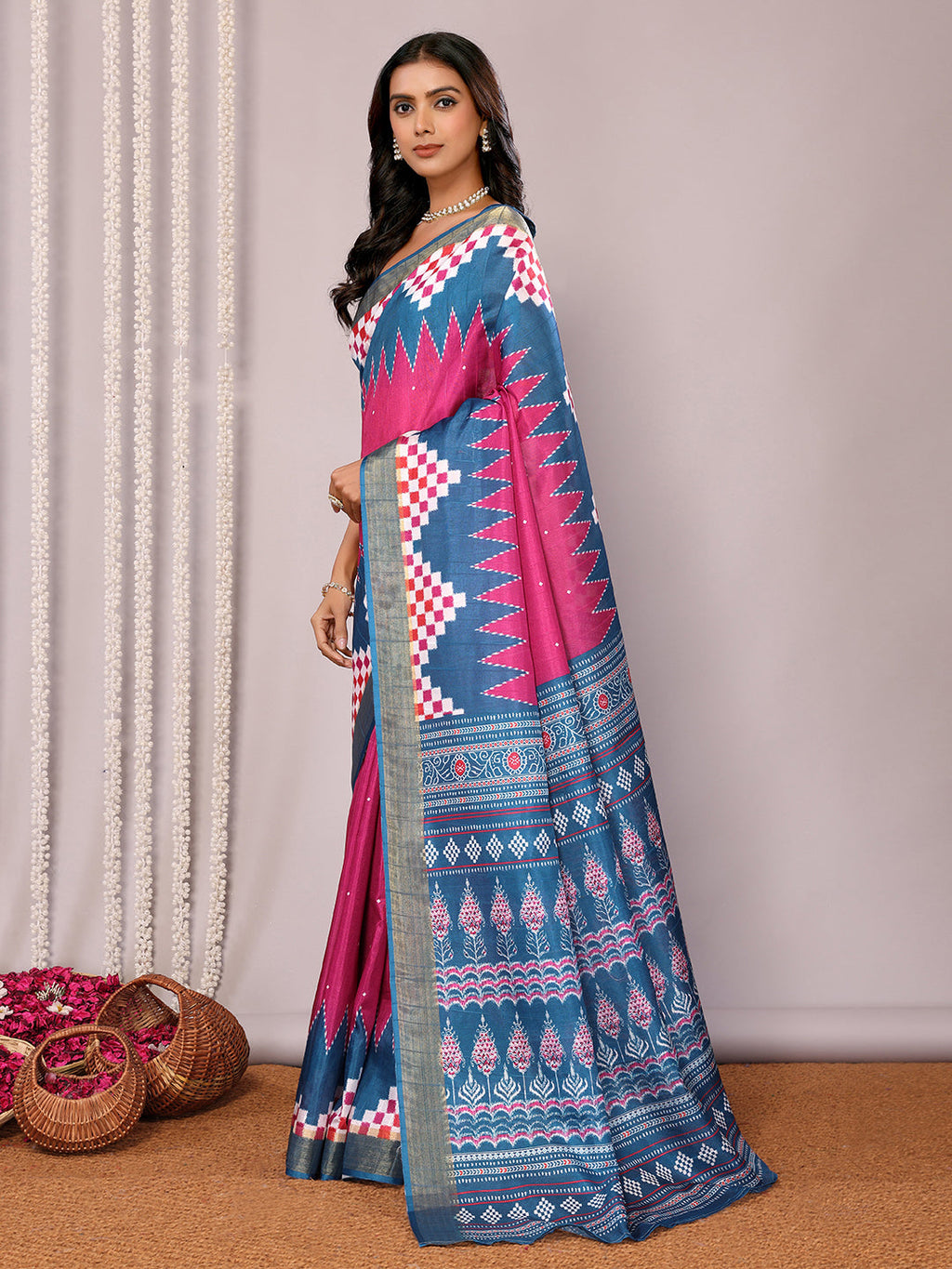 Janasya Pink & Blue Chanderi Silk Geometric Printed Saree | Grocsy