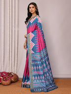 Janasya Pink & Blue Chanderi Silk Geometric Printed Saree | Grocsy